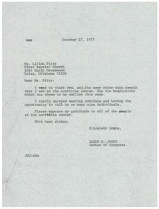 Congressman James R. Jones&#39;s Gratitude Letter to First Baptist Church Nutrition Center, 1977-10-27
